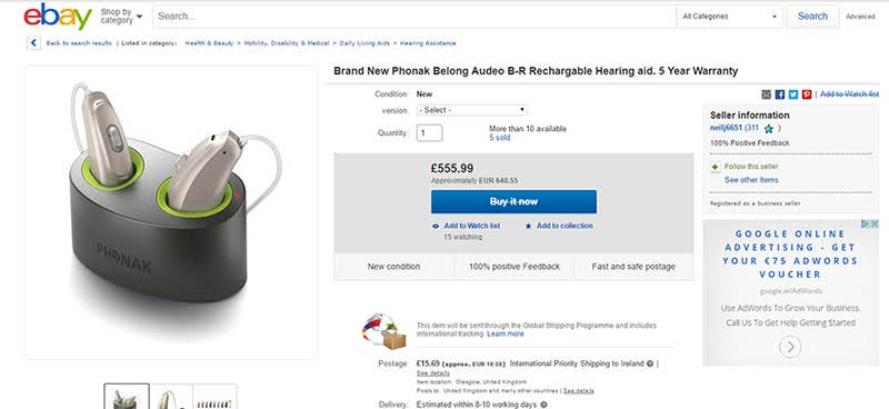 Ebay listing for Phonak hearing aids