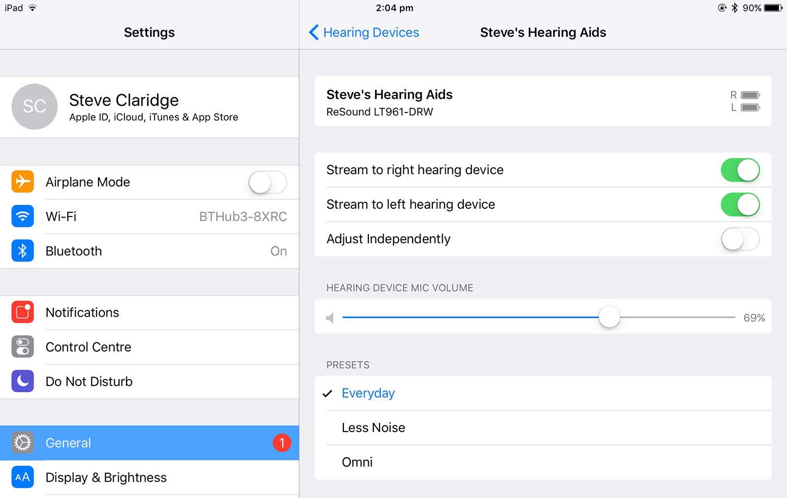 iPad hearing aids interface control screenshot