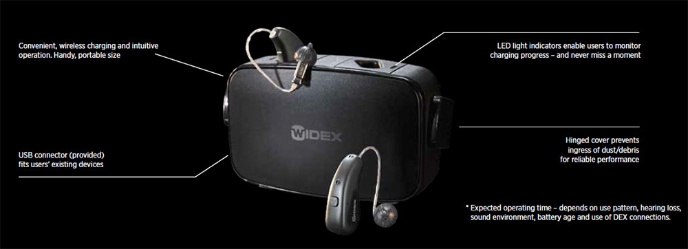 Widex Moment hearing aids in charger